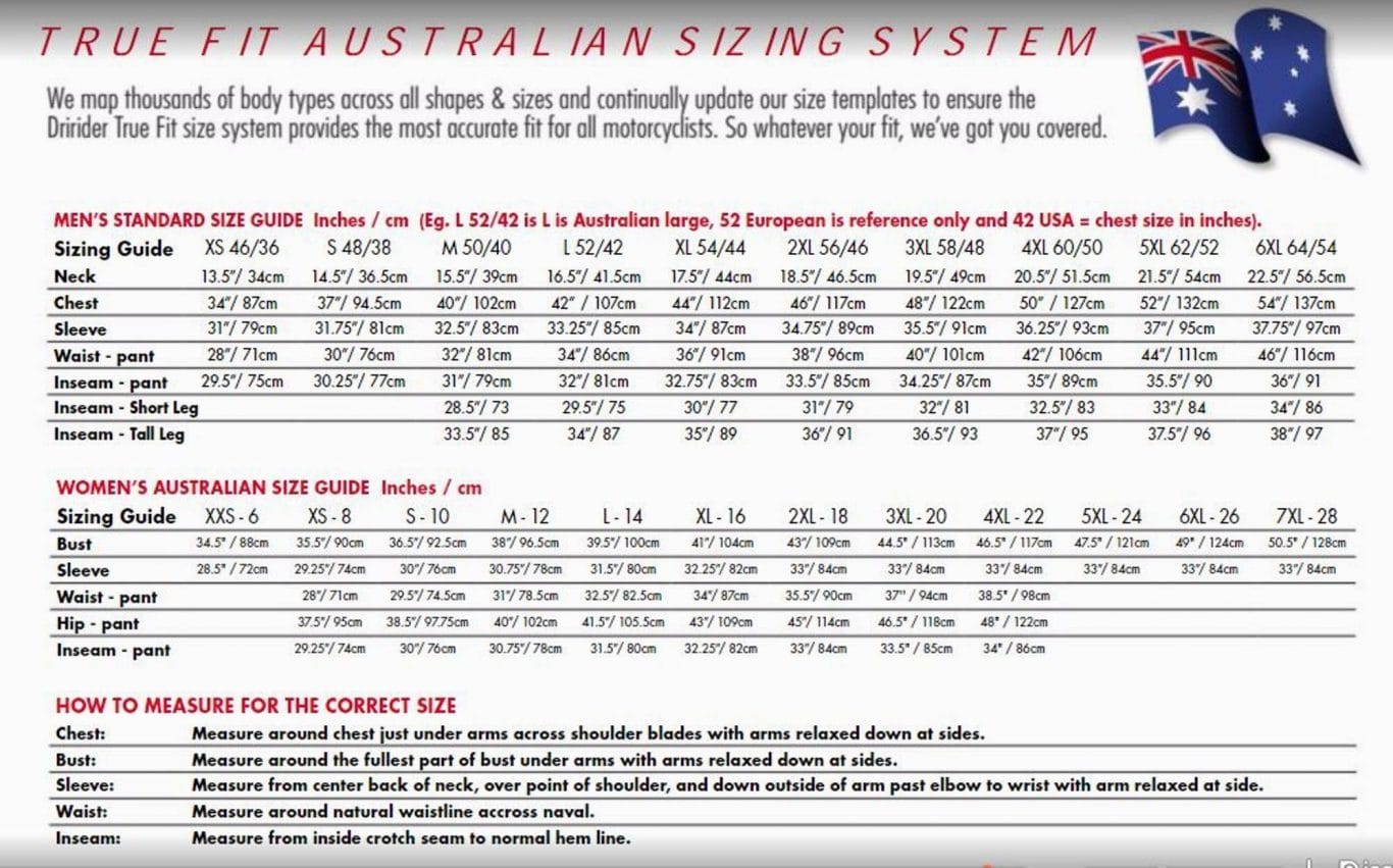 Dririder Jacket Size Chart