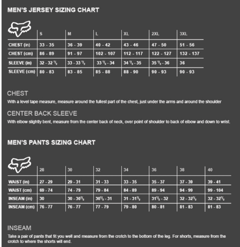 Mx Pants Size Chart