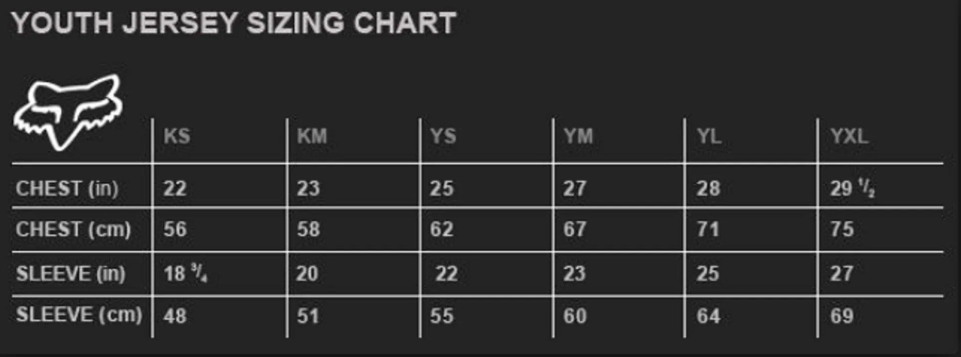 Fox Youth jersey sizing chart