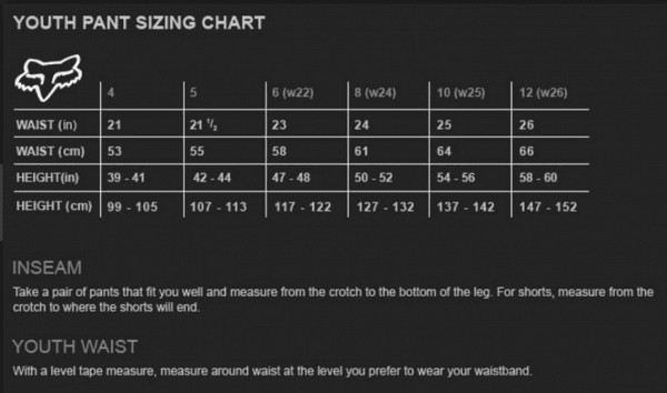 Youth Motocross Pants Size Chart