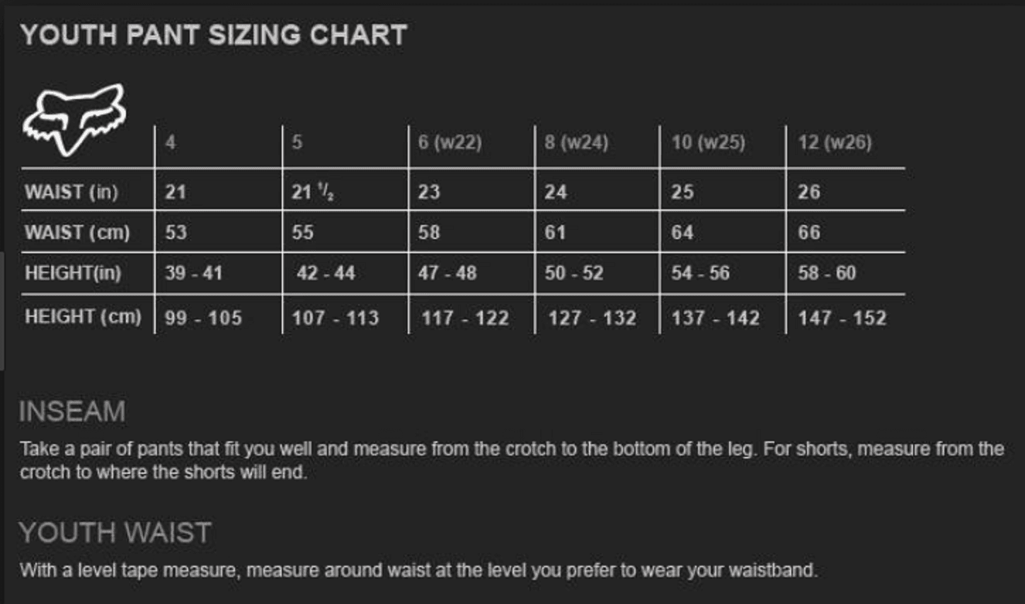 Fox Youth Size Chart Gloves