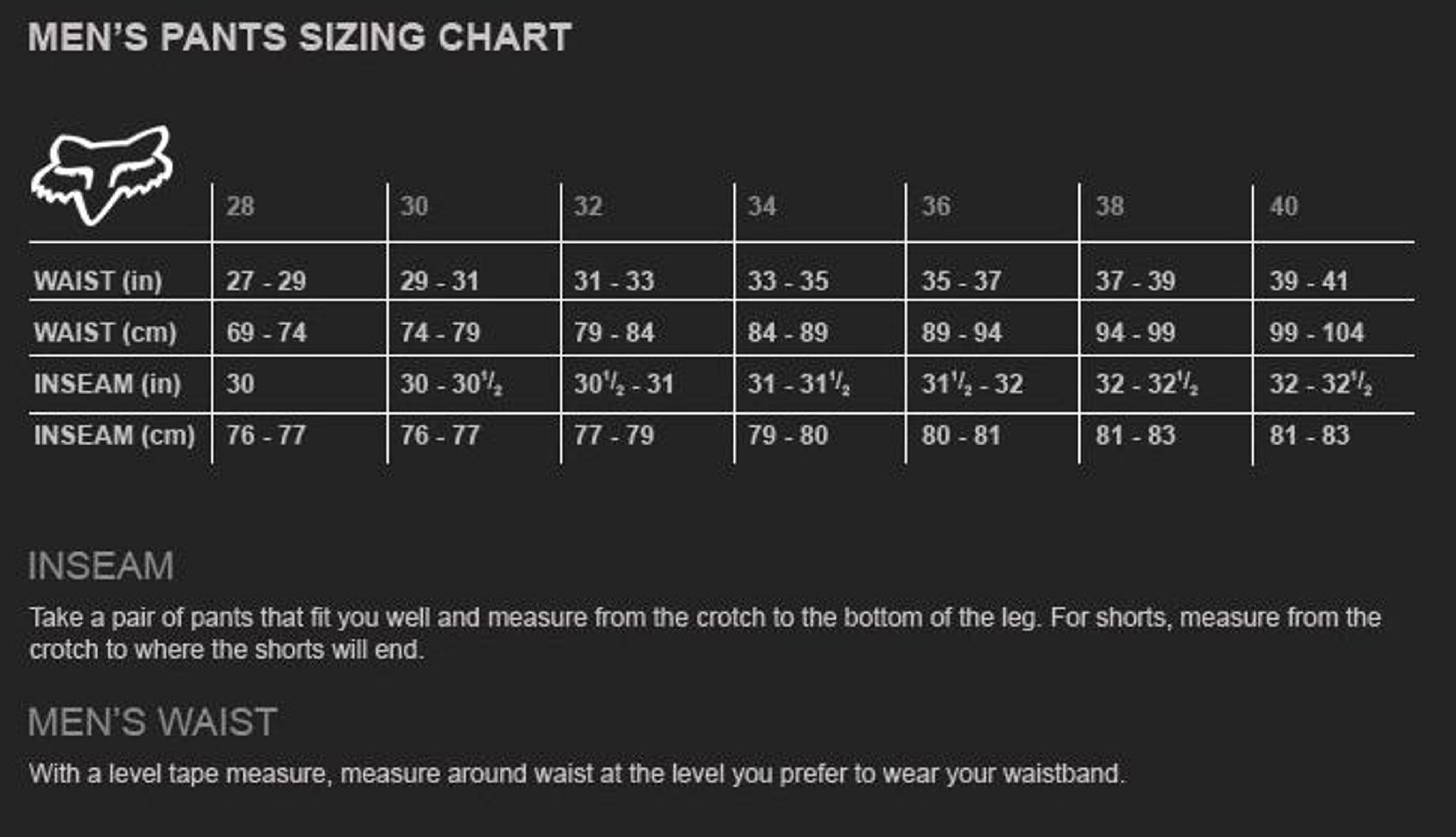 Fox Pants Size Chart