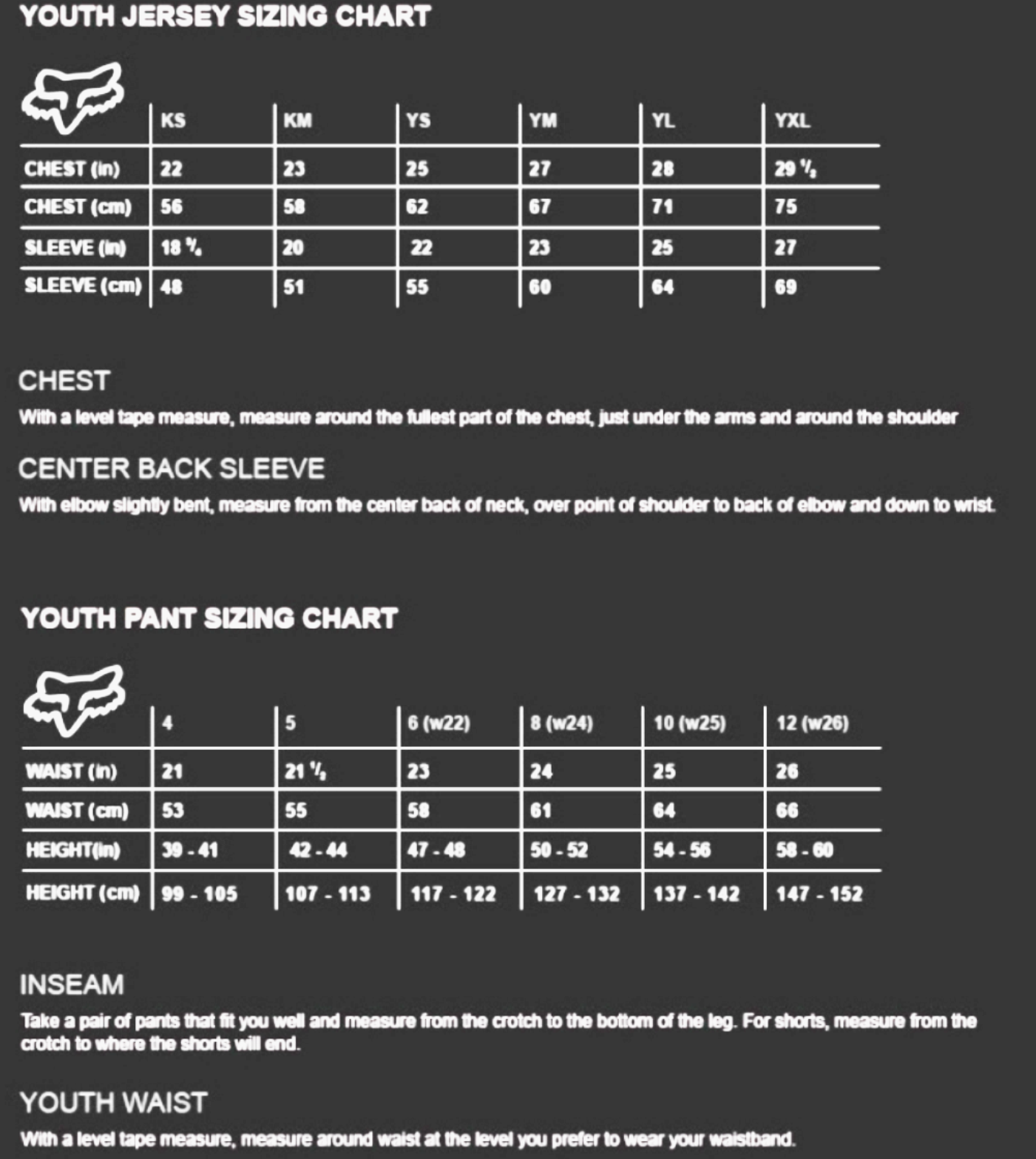 Fox Youth Size Chart