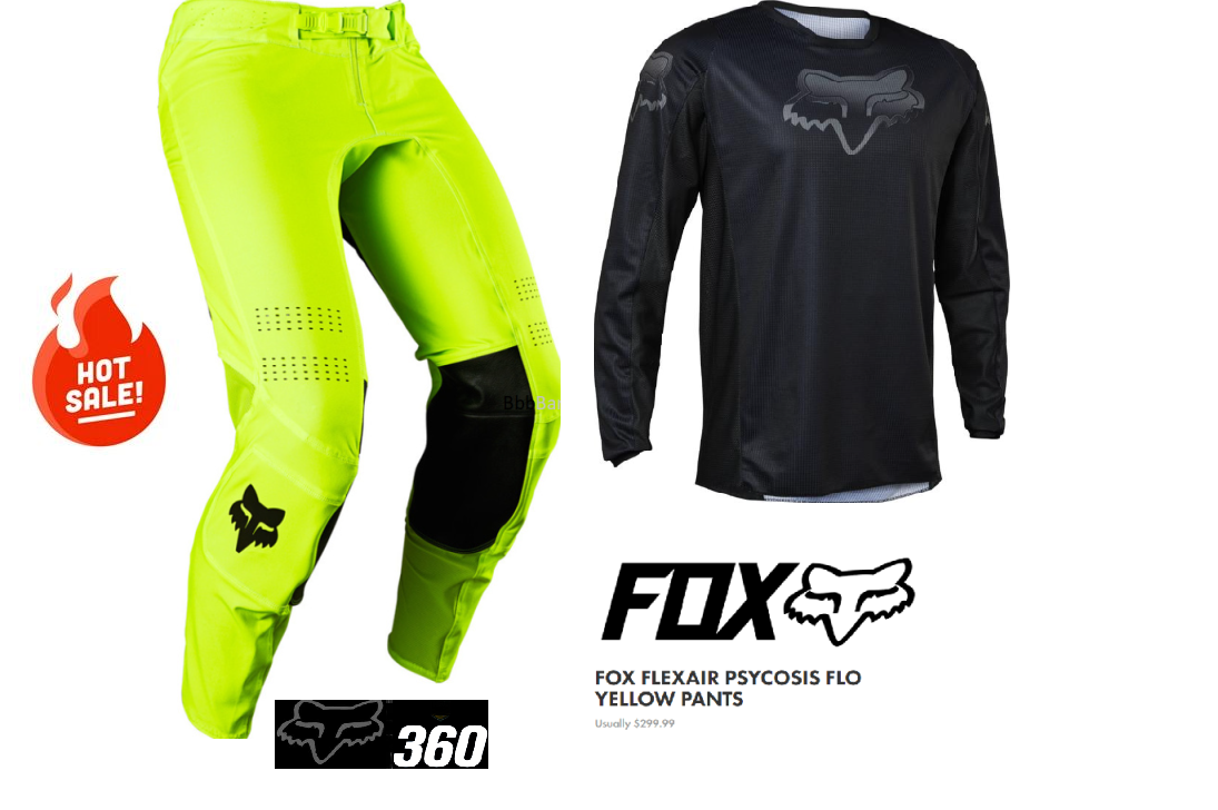 CLEARANCE! Fox 360 Flexair Psycosis Motocross Dirt Bike Pants & Jersey Set Fluro Yellow