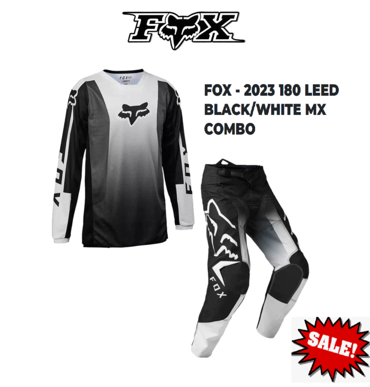 FOX 180 LEED Off Road Motocross MX Dirt Bike Pants & Jersey 32/M Black/white