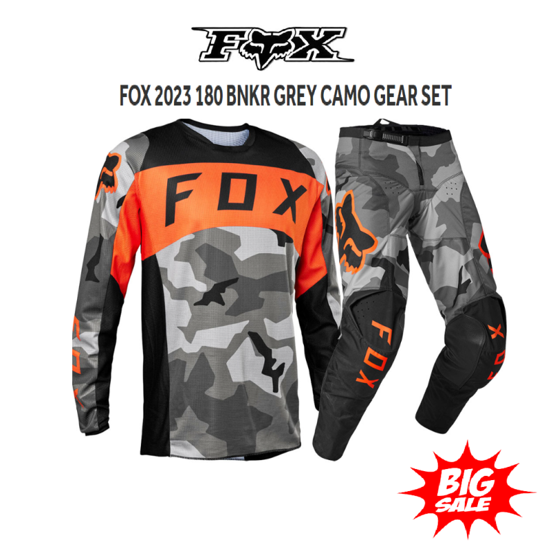 FOX BNKR Off Road Motocross MX Dirt Bike Pants & Jersey 32/M Grey Camo Orange