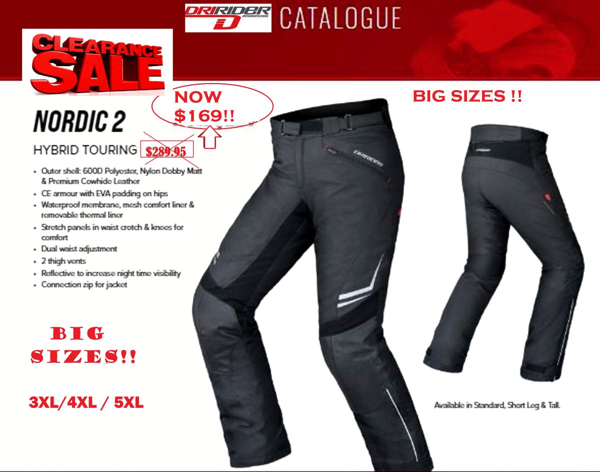 CLEARANCE! Dririder NORDIC 2 motorcycle waterproof pants BIG SIZES 3XL 4XL (SHORT LENGTH) - Leather panels on knees