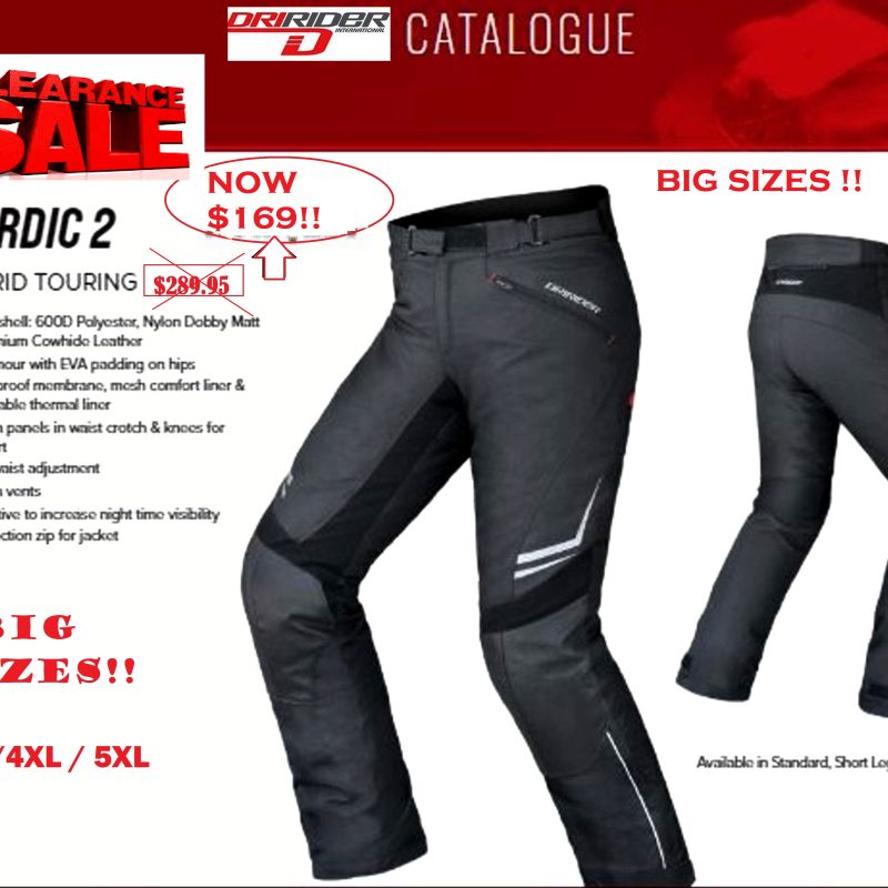 CLEARANCE! Dririder NORDIC 2 motorcycle waterproof pants BIG SIZES 3XL 4XL (SHORT LENGTH) - Leather panels on knees