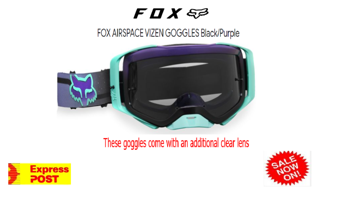 Fox AIRSPACE VIZEN Off Road Dirt Bike Goggles & FREE Lens Motocross Black Purple Teal