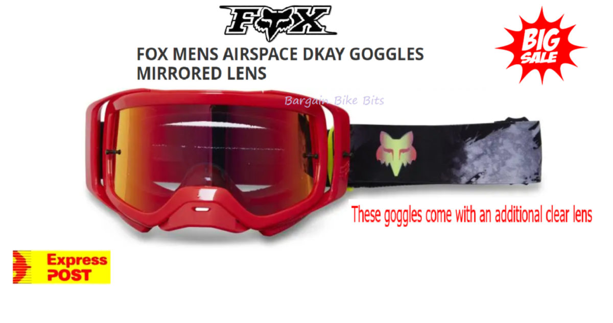 Fox AIRSPACE DKAY Off Road Dirt Bike Goggles Mirror lens & FREE clear lens RED MX