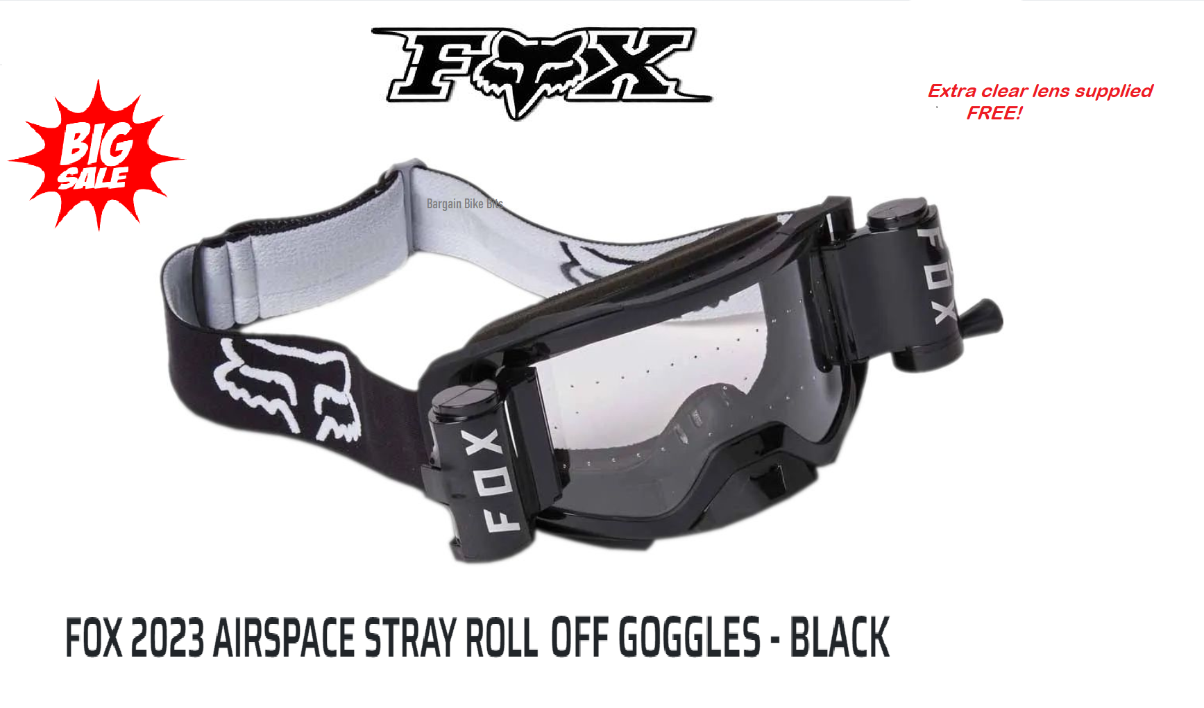 Fox Air Space Stray ROLL OFF Motocross Off Road Dirt Bike MX Goggles (Black) with FREE extra clear lens