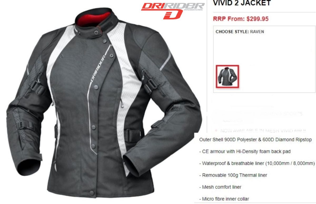 DRIRIDER Vivid 2 Motorcycle Ladies Jacket #6/XXS Female Womens (Raven - black) rrp$299