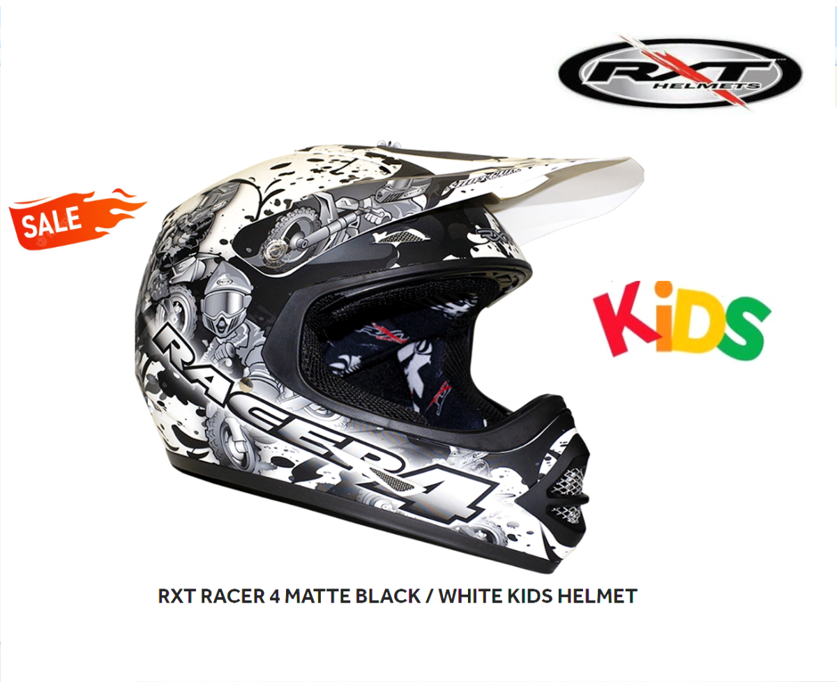 RXT MX Racer 4 Matte Black/White Kids Youth Motocross Dirt Bike Riding Helmet