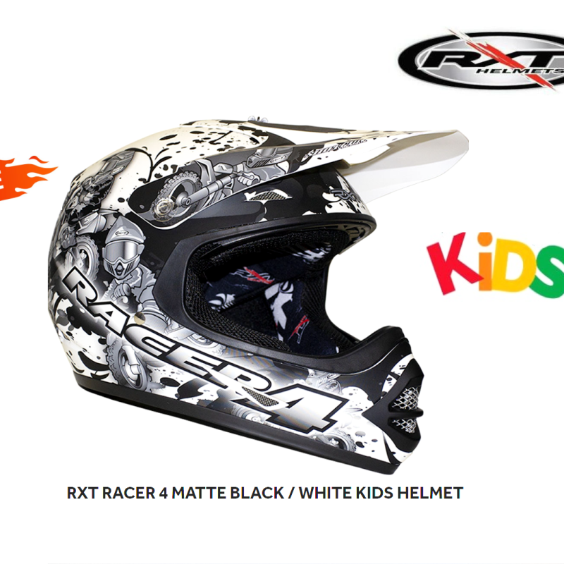 RXT MX Racer 4 Matte Black/White Kids Youth Motocross Dirt Bike Riding Helmet