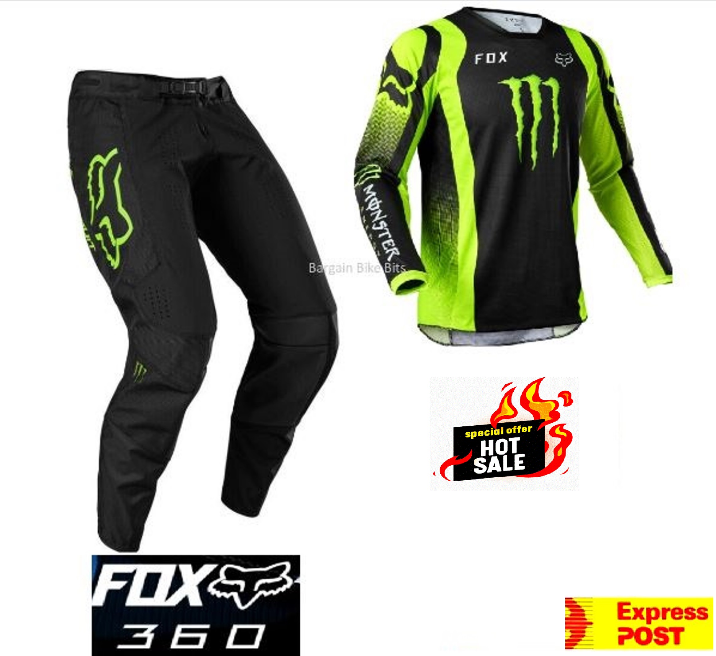 CLEARANCE Fox 360 MONSTER PC Motocross Pants 180 Jersey combo 32 Dirt Bike MX Black green