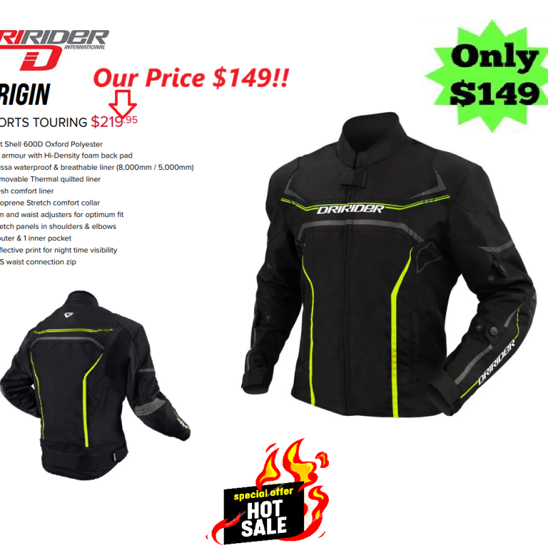 Dririder ORIGIN motorcycle jacket Black/Hi Vis Yellow Mens Motorbike Road