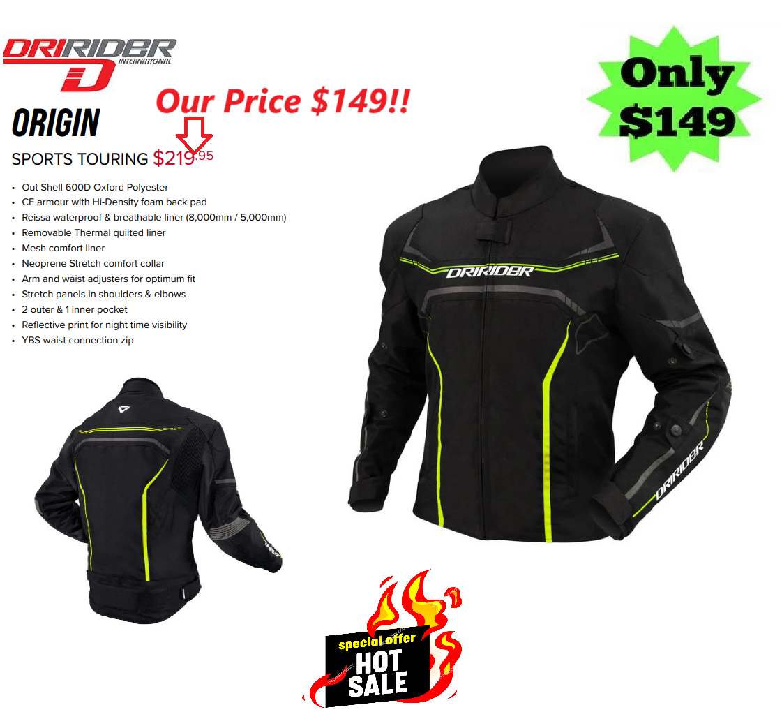 Dririder ORIGIN motorcycle jacket Black/Hi Vis Yellow Mens Motorbike Road