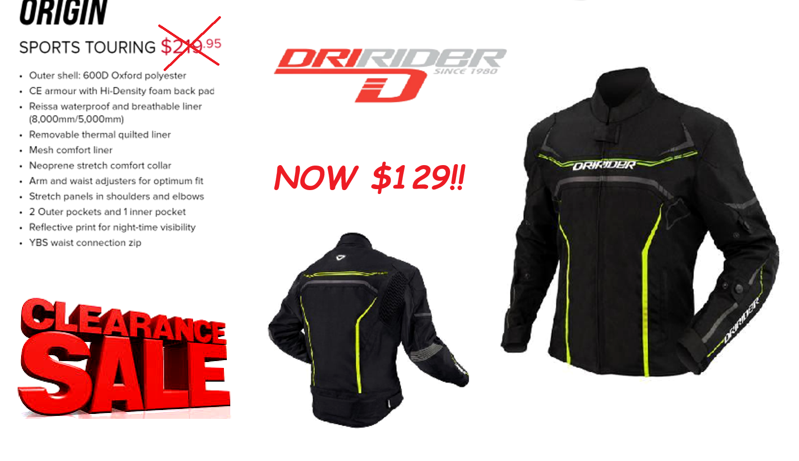 Dririder ORIGIN motorcycle jacket Black/Hi Vis Yellow Mens Motorbike Road