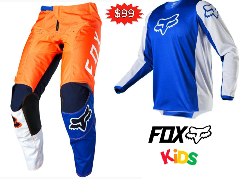 Fox Youth Motocross pants & jersey Set Orange/blue Kids MX Dirt bike #28 Pants & YXL Jersey