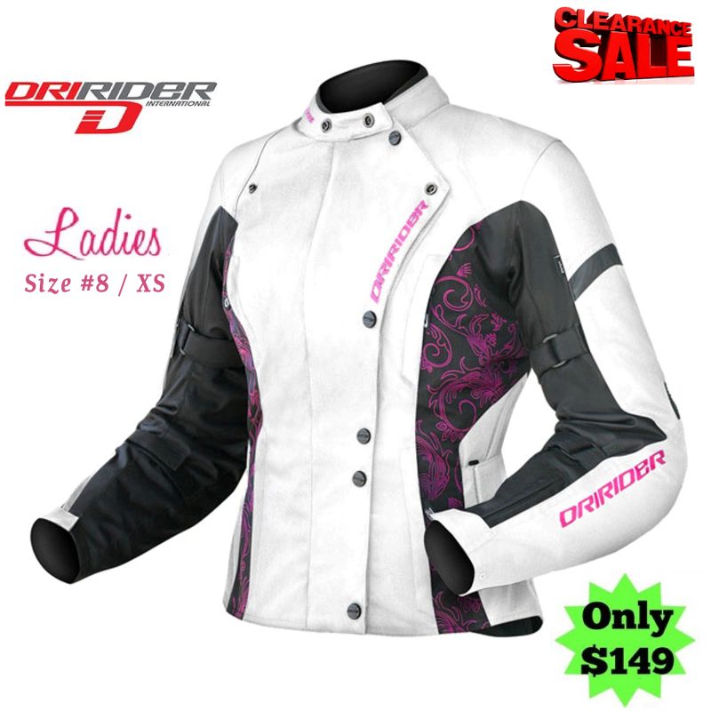 CLEARANCE! DRIRIDER Female Ladies Vivid Motorcycle Jacket White/Pink XS/#8 Waterproof Road Womens