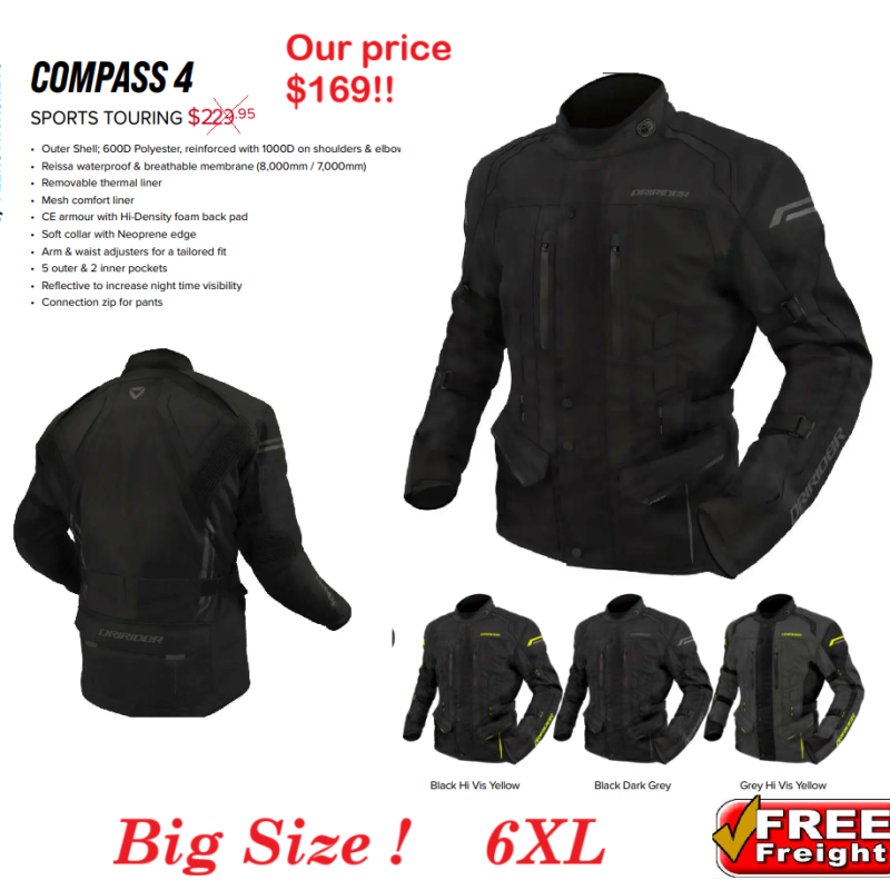 DriRider COMPASS 4 motorcycle road jacket Black/grey BIG SIZE! 6XL Mens jacket