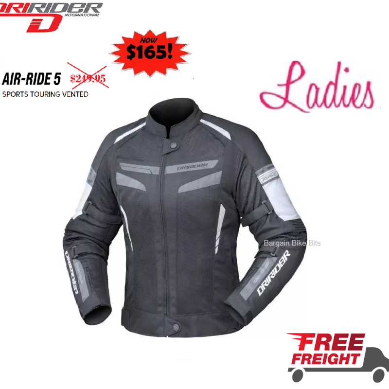 Dririder AIR RIDE 5 Ladies Female Womens Motorcycle Vented Summer Jacket Black/White/Grey Touring