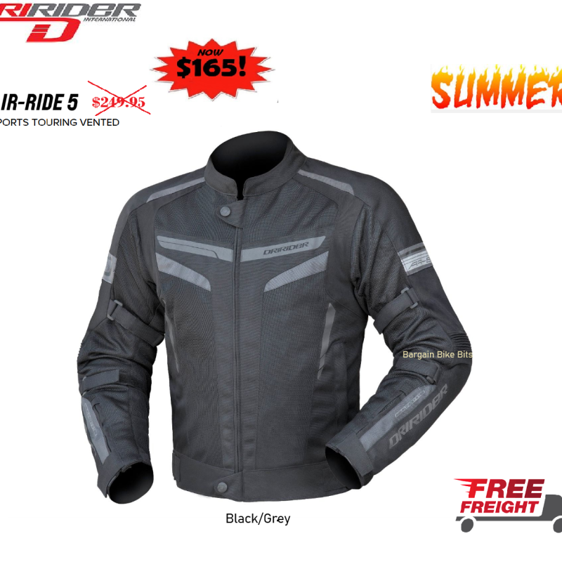 Dririder AIR RIDE 5 Motorcycle Vented Summer Jacket Black/Grey Touring Lg/ XL /6XL