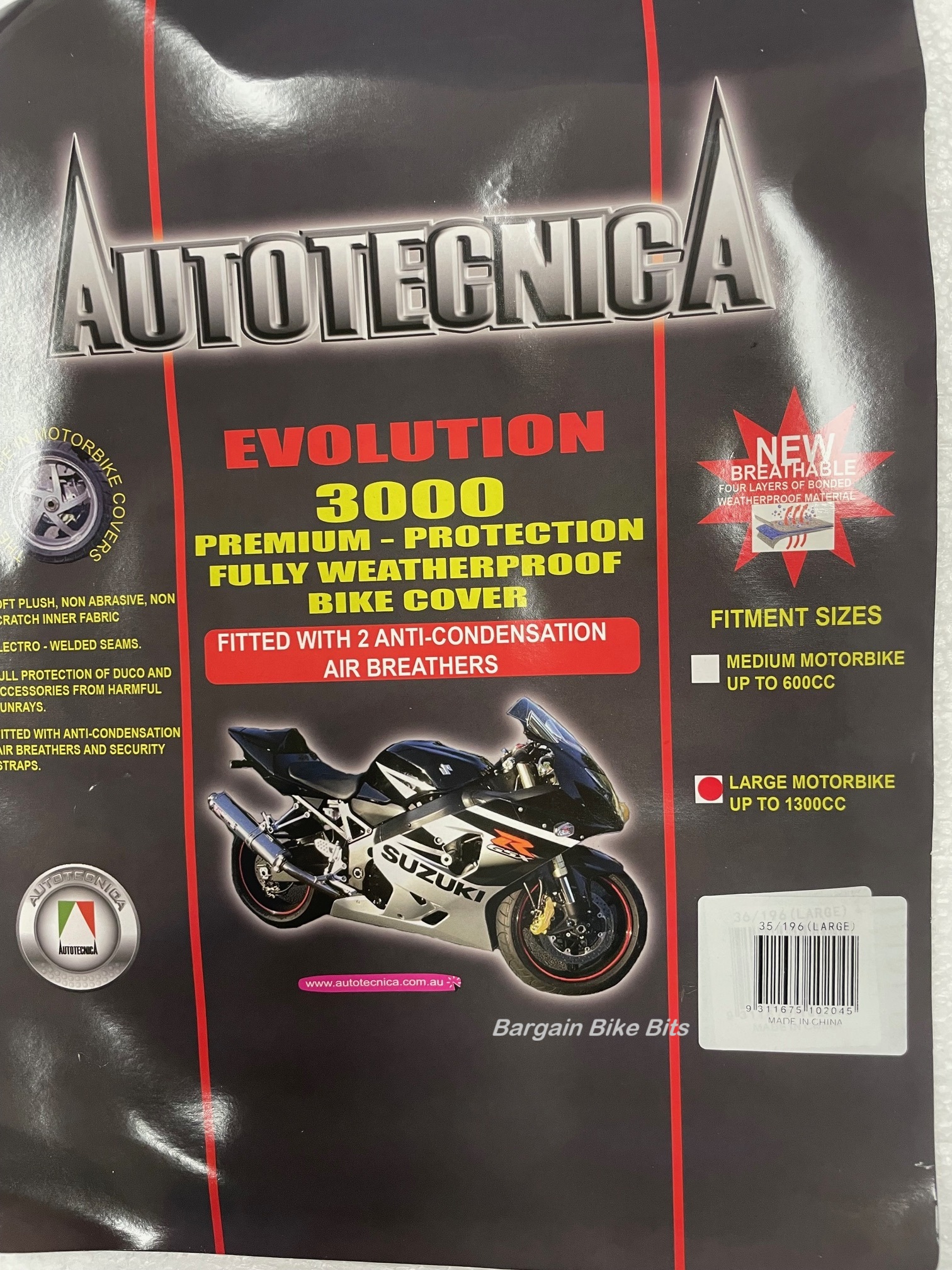 AUTOTECNICA Evolution 3000 Weatherproof Bike Cover LARGE up to 1300cc