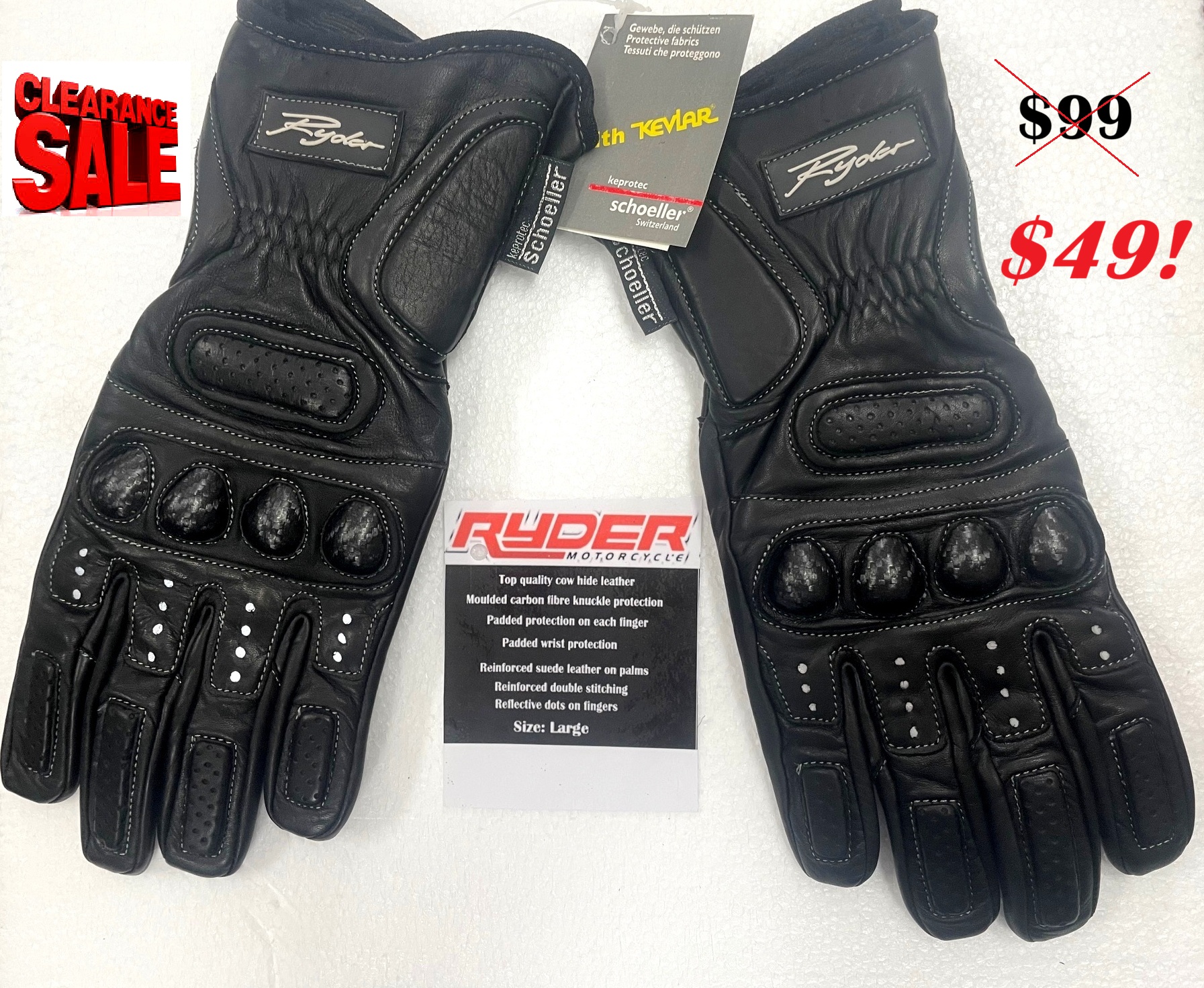 CLEARANCE! Ryder Motorcycle Leather Road Gloves Large