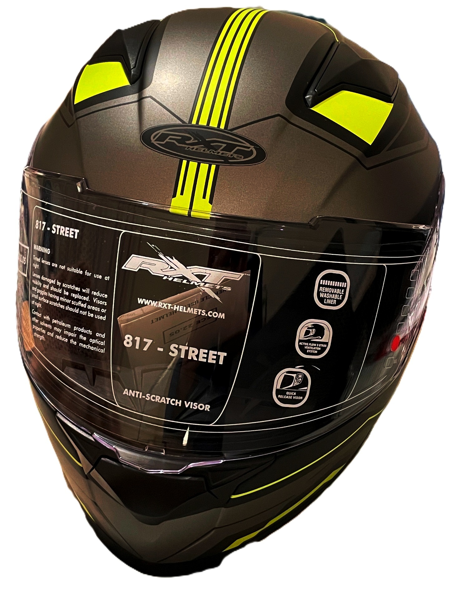 CLEARANCE! RXT 817 Street Motorcycle Road Helmet XL Black/ Hi Vis Yellow