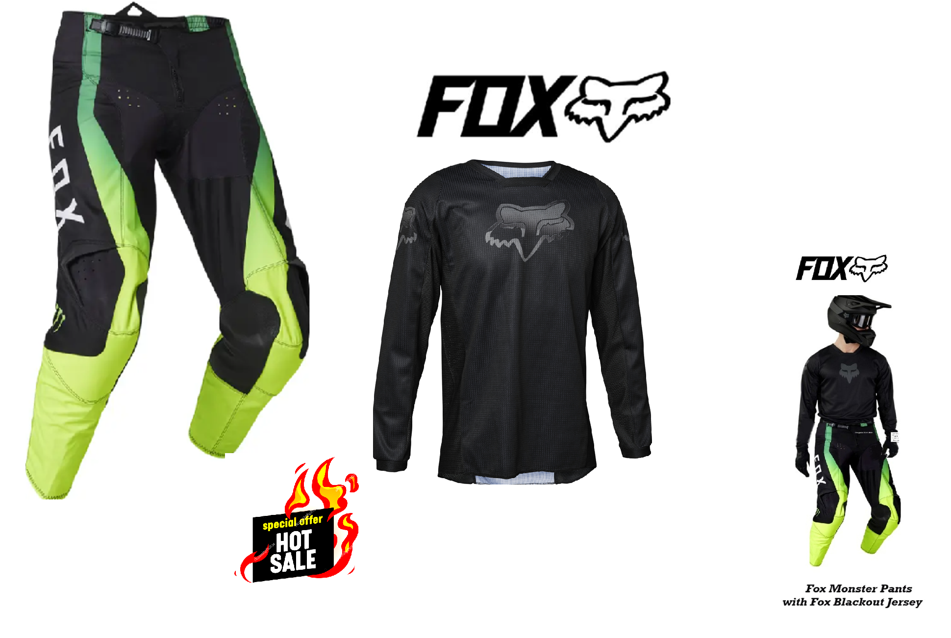 Fox MONSTER Motocross MX Dirt Bike Pants & Fox Blackout Jersey Combo